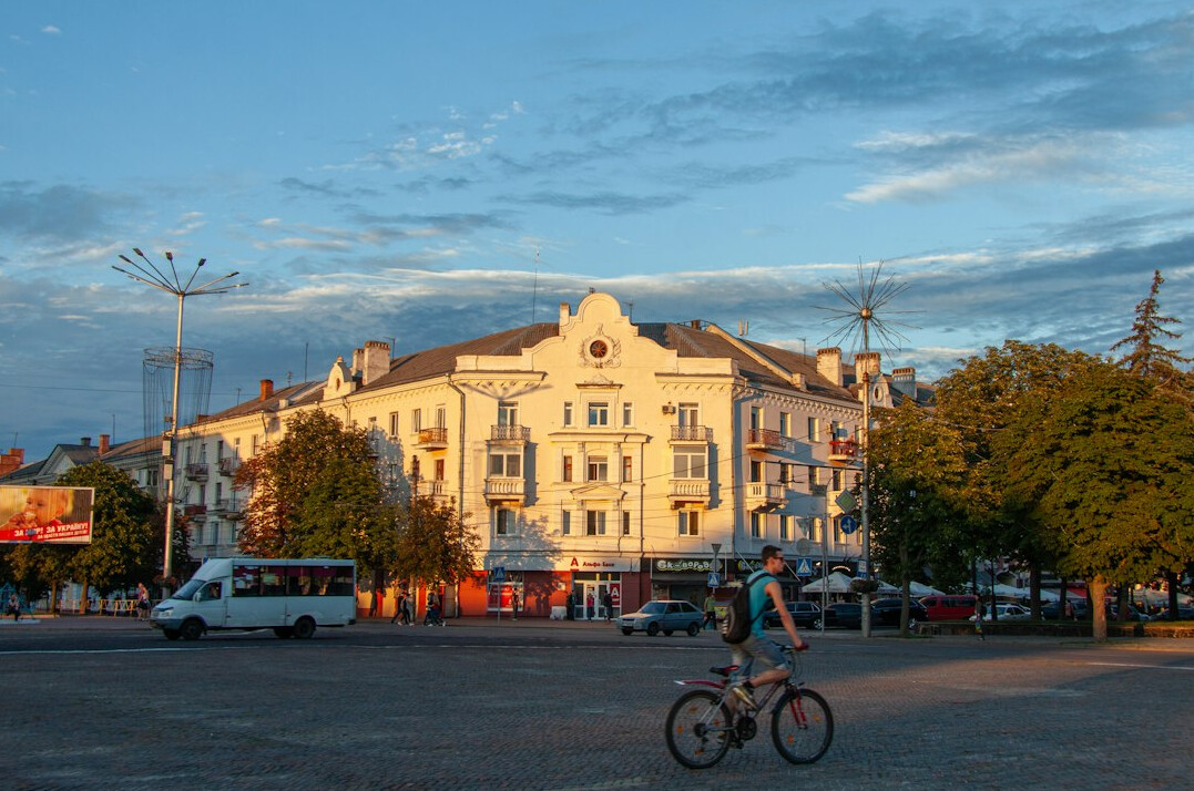 Historic town square architecture at dusk